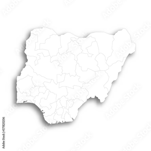 Nigeria political map of administrative divisions - states and federal capital territory. Flat white blank map with thin black outline and dropped shadow.