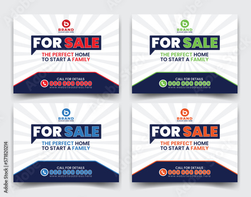 Modern home sale real estate company business yard sign, signage design vector template for outdoor advertising multiple color concept red, green, blue and orange