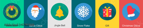 A set of 6 Christmas icons as decoration, santa claus, jingle bell