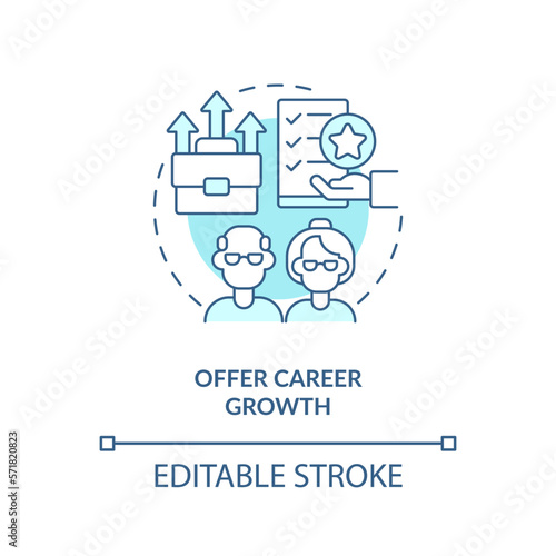 Offer career growth turquoise concept icon. Younger managers with older employees abstract idea thin line illustration. Isolated outline drawing. Editable stroke. Arial, Myriad Pro-Bold fonts used