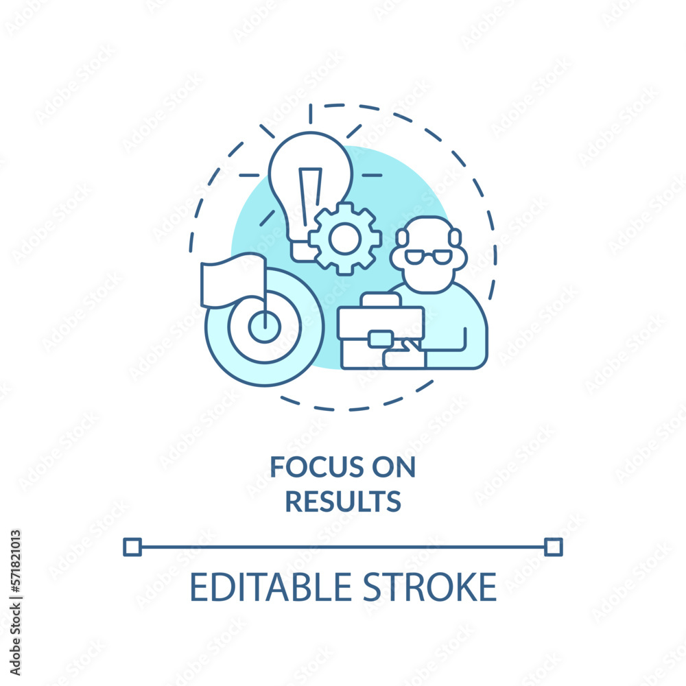 Focus on results turquoise concept icon. Younger managers with older employees abstract idea thin line illustration. Isolated outline drawing. Editable stroke. Arial, Myriad Pro-Bold fonts used