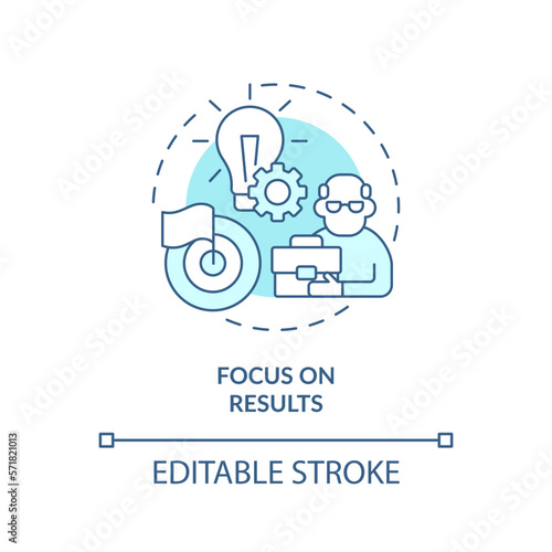 Focus on results turquoise concept icon. Younger managers with older employees abstract idea thin line illustration. Isolated outline drawing. Editable stroke. Arial, Myriad Pro-Bold fonts used