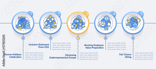 DEI initiatives for workplace circle infographic template. Data visualization with 5 steps. Editable timeline info chart. Workflow layout with line icons. Lato-Bold, Regular fonts used