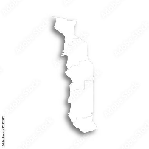 Togo political map of administrative divisions - regions. Flat white blank map with thin black outline and dropped shadow.