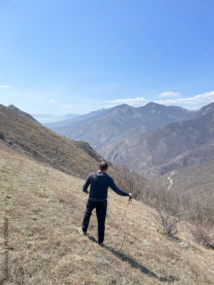people hiking mountains blue sky nature view from above