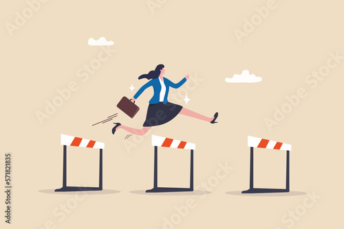 Overcome obstacle or challenge, success journey or aspirations, determination, progress or effort to overcome difficulty concept, confidence businesswoman entrepreneur jumping over series of hurdles. photo