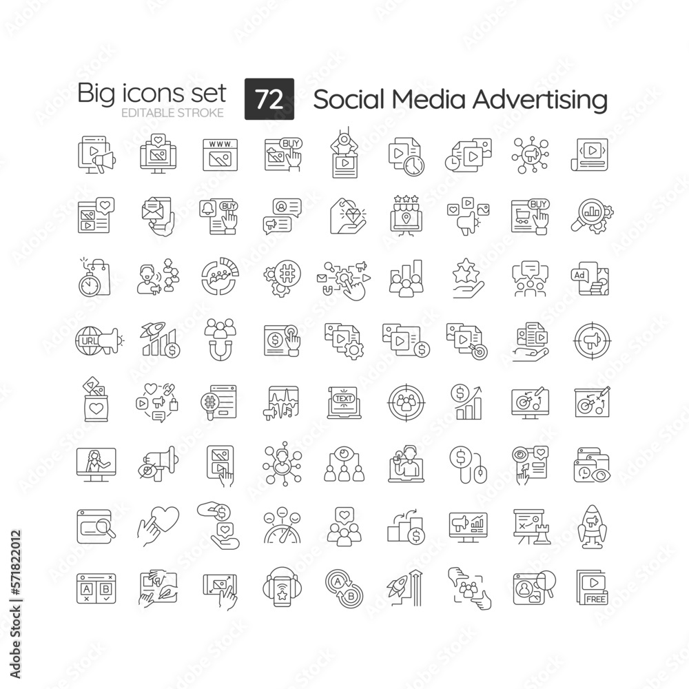 Social media advertising linear icons set. Digital marketing technology. Online business promotion. Customizable thin line symbols. Isolated vector outline illustrations. Editable stroke