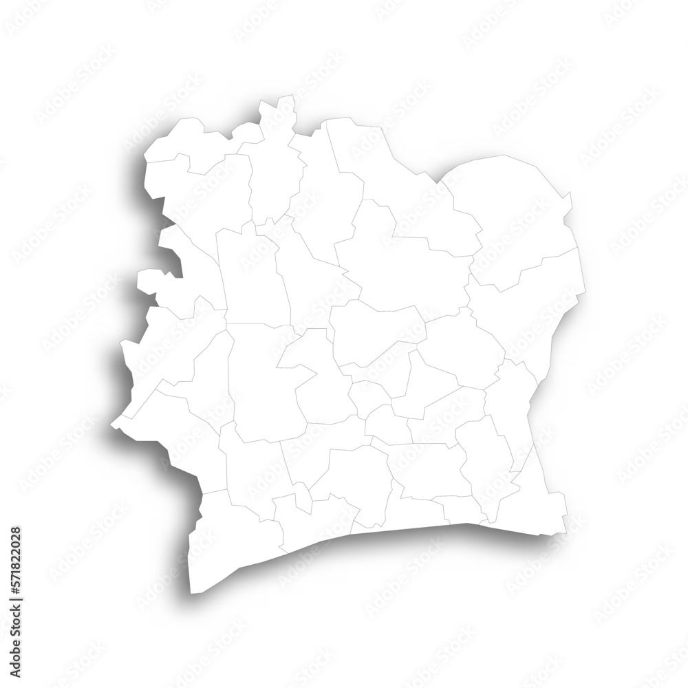 Ivory Coast political map of administrative divisions - regions and autonomous districts. Flat white blank map with thin black outline and dropped shadow.