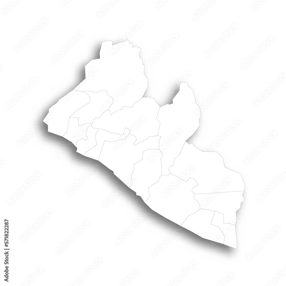 Liberia political map of administrative divisions - counties. Flat white blank map with thin black outline and dropped shadow. Liberia political map of administrative divisions - counties. Flat white blank map with thin black outline and dropped shadow.