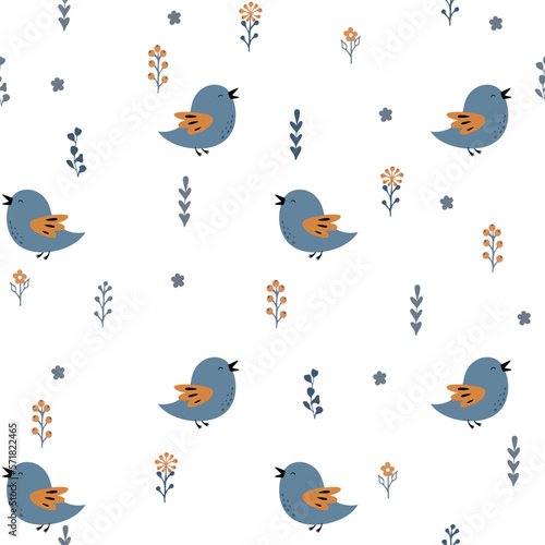 Seamless cute birds, leaves, twigs and flowers. Spring and summer concept. Minimalism graphic drawing.