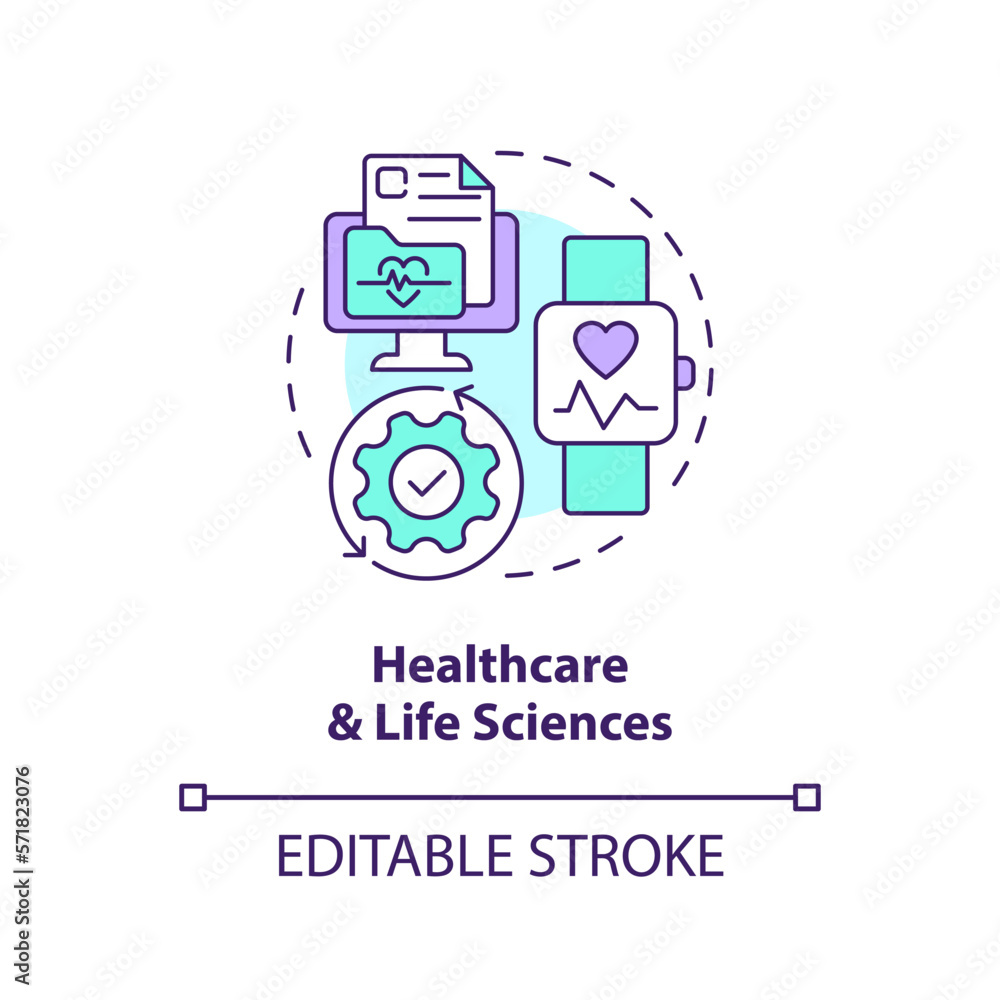 Healthcare and life sciences concept icon. Version control system end user industry abstract idea thin line illustration. Isolated outline drawing. Editable stroke. Arial, Myriad Pro-Bold fonts used Healthcare and life sciences concept icon. Version control system end user industry abstract idea thin line illustration. Isolated outline drawing. Editable stroke. Arial, Myriad Pro-Bold fonts used