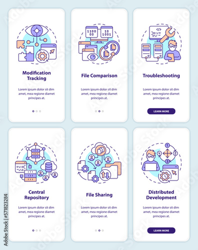 Version control system benefits onboarding mobile app screens set. Walkthrough 3 steps editable graphic instructions with linear concepts. UI, UX, GUI template. Myriad Pro-Bold, Regular fonts used