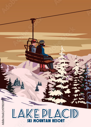 Travel poster Ski Lake Placid resort vintage. America winter landscape travel card