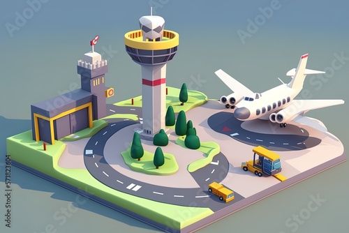 A funny 3d representation of an airport with planes, control tower and hangars. Concept: Airports mini world. Generative ai