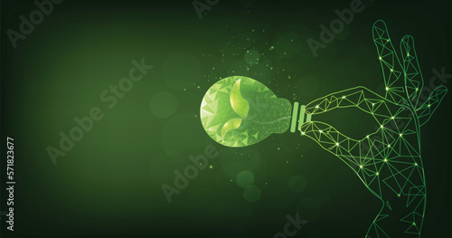 Concepts of environmental conservation. Hands holding green ecology light bulb on a dark green background. Vector illustration.