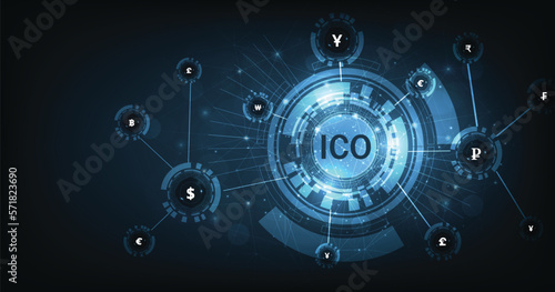 Currency exchange and IT startup crowdfunding concept. Ico icon and connected currencies on dark blue background. ICO vector illustration.
