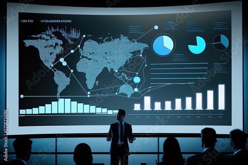 An illustration of a businessman analyzing data in charts in a big screen. Concept: Data mining by a man analyst.