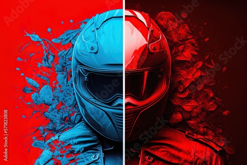 Two motorbike racers helmet against each other in a motogp competition using red and blue colors. Generative ai photo