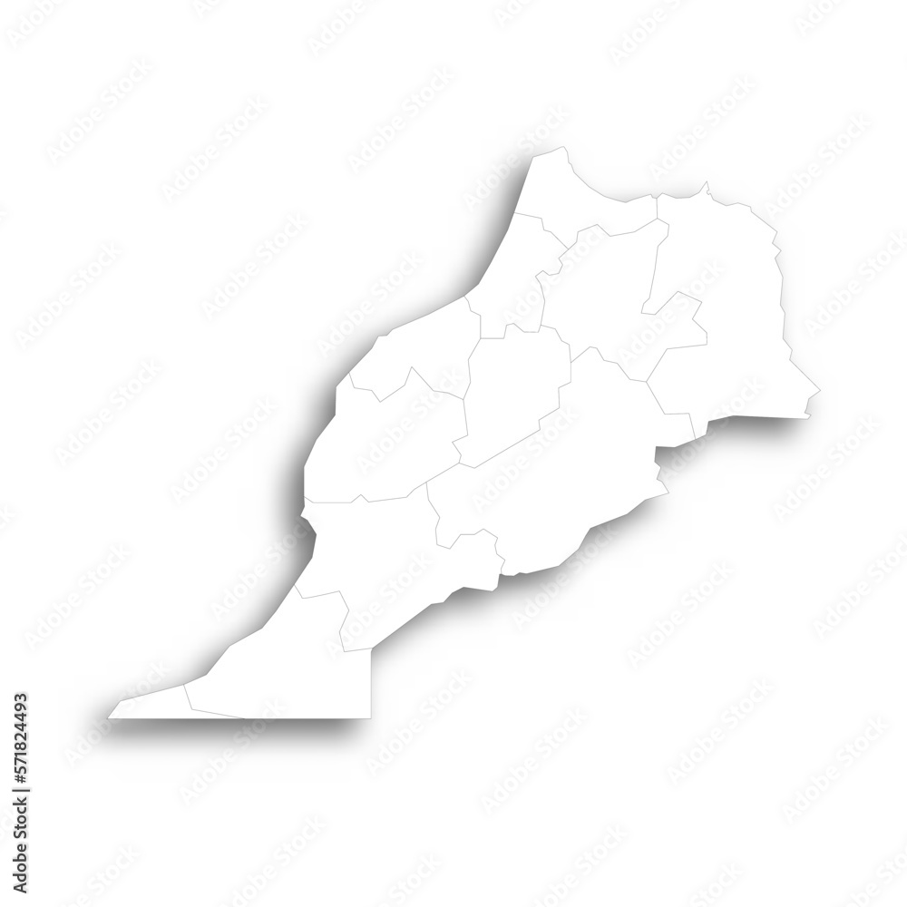 Fototapeta premium Morocco political map of administrative divisions - regions. Flat white blank map with thin black outline and dropped shadow.