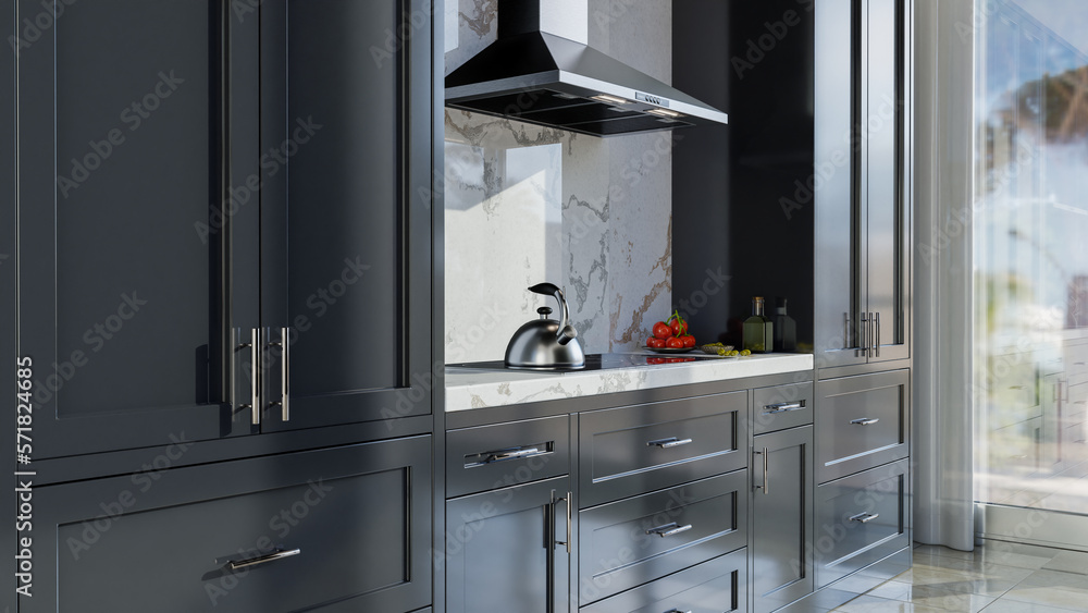 Shaker cabinet doors of dark gray kitchen, kitchen design with marble counter, tall pantry cabinets and chrome metal door handles - obrazy, fototapety, plakaty 