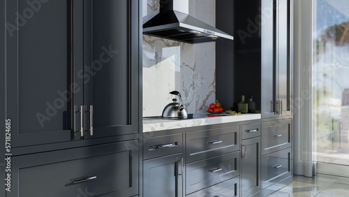 Shaker cabinet doors of dark gray kitchen, kitchens design with marble counter, tall pantry cabinets and chrome metal door handles