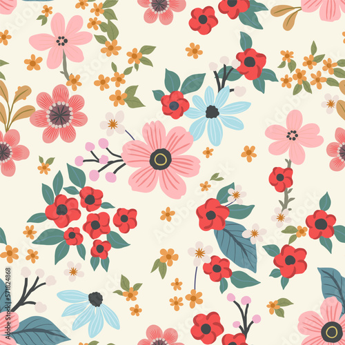 A pattern of pink, blue and red flowers with berries and green leaves on a light yellow background. Cute vintage composition for wallpaper, print, poster, postcard. © Maxim