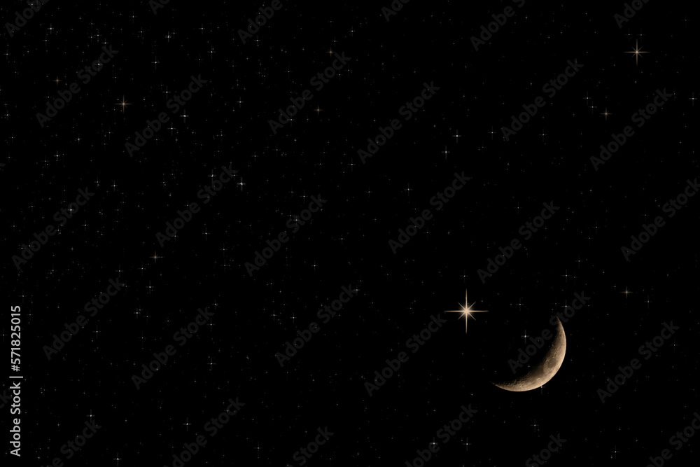 Ramadan Background Symbols,Crecent Moon with Star on Black Night sunset Landscape,Design Landscape Celebration Arabic Muslim religion,Traditional Mubarak New Year Muharram,Eid-Al-Adha Holy Gad Concept