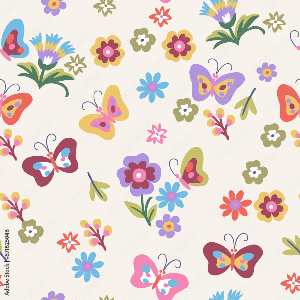 A pattern of small red, pink, purple and green butterflies and turquoise flowers on a light background. Cute aesthetic composition for wallpaper, print, poster, postcard. A pattern of small red, pink, purple and green butterflies and turquoise flowers on a light background. Cute aesthetic composition for wallpaper, print, poster, postcard.