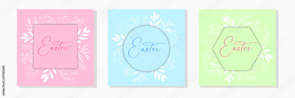 Set of Easter square banner. Minimal spring Eater card or banner square composition. Vector illustration.