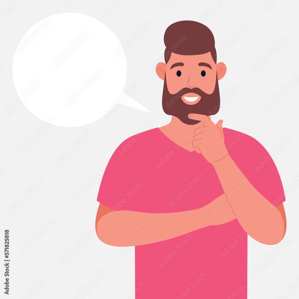 Bearded man in pink t-shirt thinks. Pondering on particular belief or idea, empty cloud bubble for text or image. Vector illustration.