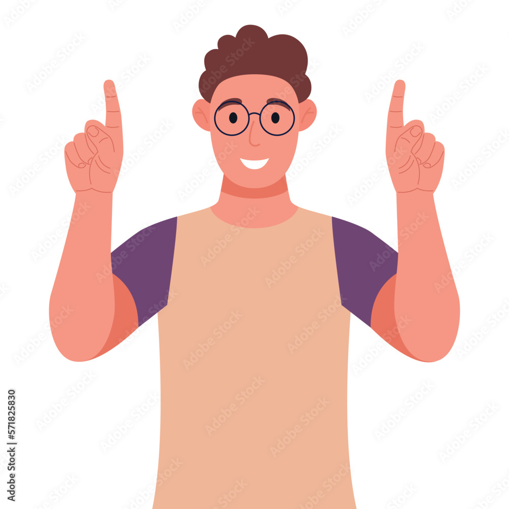 Curly young man in glasses pointing up fingers while standing and smiling. Pointing copy space. Vector illustration. Curly young man in glasses pointing up fingers while standing and smiling. Pointing copy space. Vector illustration.