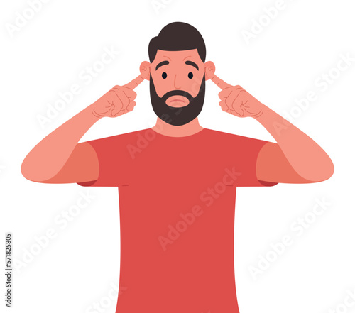 Bearded man covering ears with fingers with annoyed expression for the noise. Vector illustration.