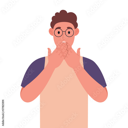 Curly young man in glasses shocked covering mouth with hand for mistake. Expression of fear, scared in silence, secret concept. Vector illustration.