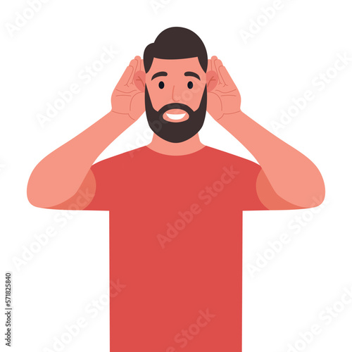 Bearded man trying to hear something seriously. The guy is raising his hands to his ears. Vector illustration.