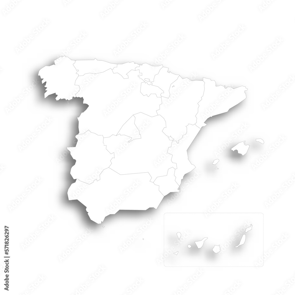 Spain political map of administrative divisions - autonomous communities and autonomous cities of Ceuta and Melilla. Flat white blank map with thin black outline and dropped shadow.