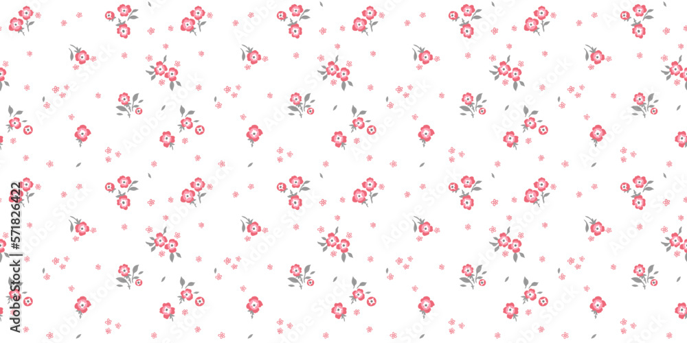 A pattern of small pink flowers and gray leaves on a white background. Graphic print, floral illustrations, floral vector, vector floral pattern.