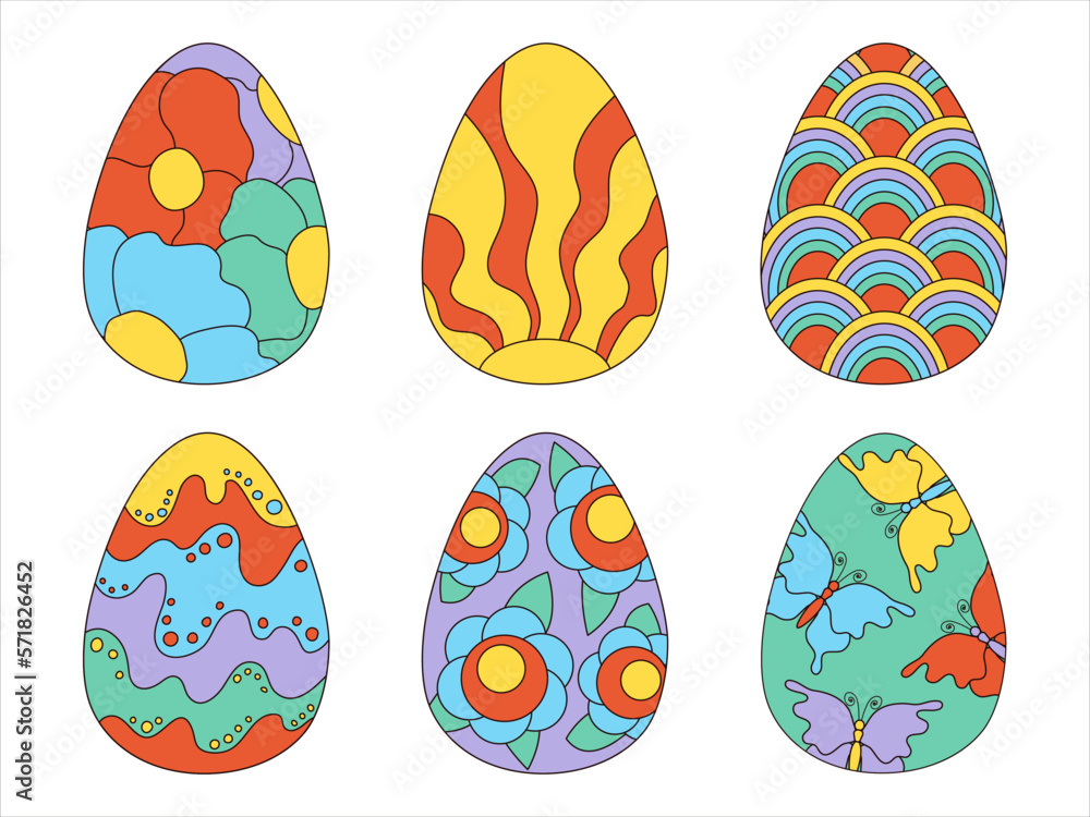 Set psychedelic easter eggs in retro style 60s 70s. For decor, print, card. Old classic cartoon style. Flat vector illustration Set psychedelic easter eggs in retro style 60s 70s. For decor, print, card. Old classic cartoon style. Flat vector illustration