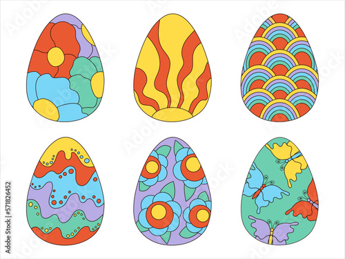 Set psychedelic easter eggs in retro style 60s 70s. For decor, print, card. Old classic cartoon style. Flat vector illustration