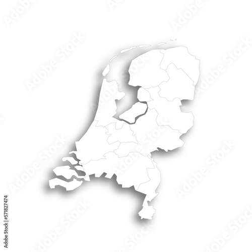 Netherlands political map of administrative divisions - provinces. Flat white blank map with thin black outline and dropped shadow.