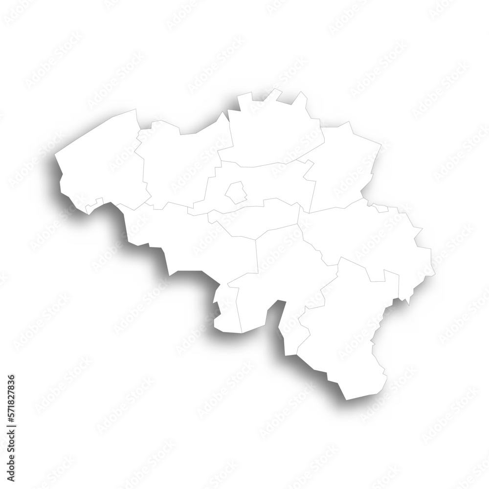 Belgium political map of administrative divisions - provinces. Flat white blank map with thin black outline and dropped shadow.