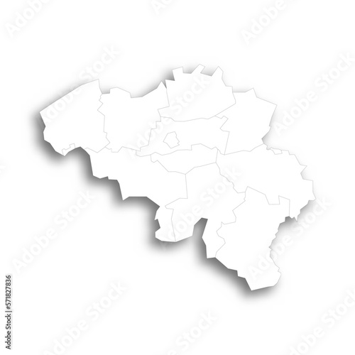 Belgium political map of administrative divisions - provinces. Flat white blank map with thin black outline and dropped shadow.