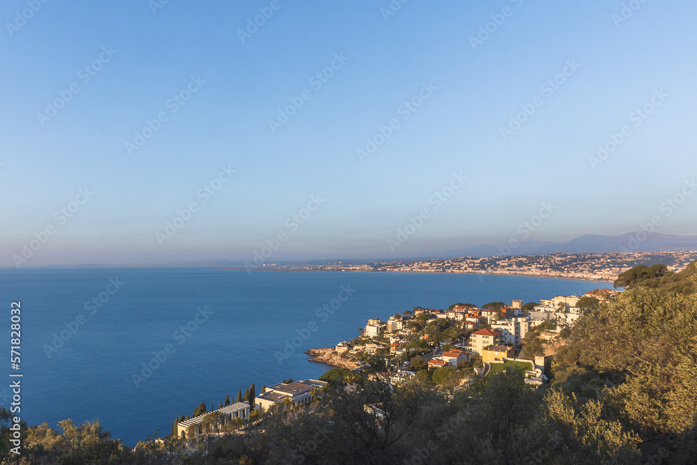 Panoramic view of the City of Nice with Baie des Anges in the morning sun, Nice/Nizza/Nissa, South of France, Europe