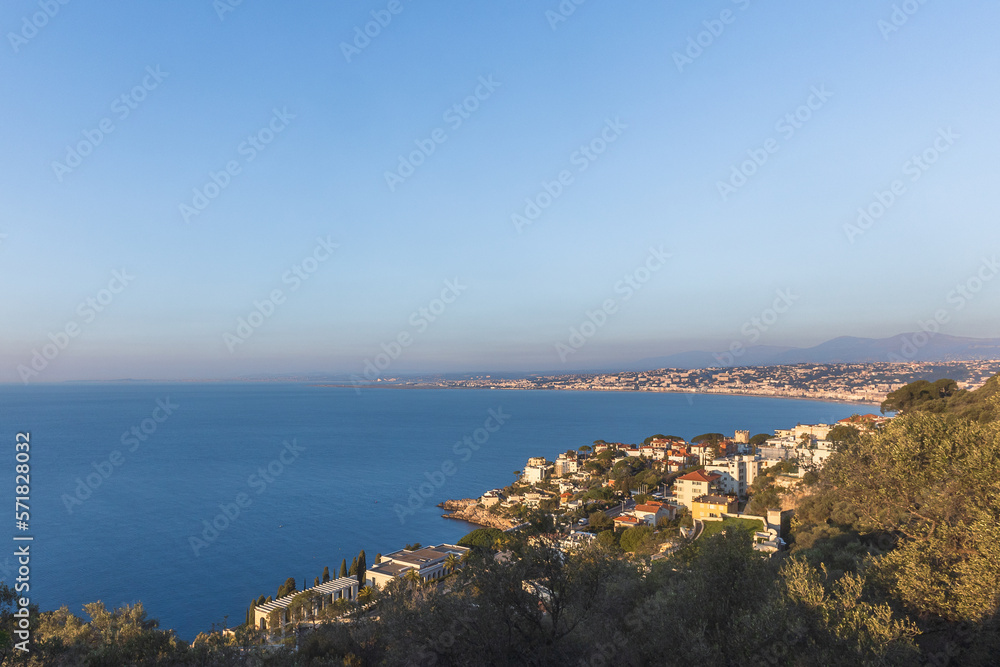 Panoramic view of the City of Nice with Baie des Anges in the morning sun, Nice/Nizza/Nissa, South of France, Europe Panoramic view of the City of Nice with Baie des Anges in the morning sun, Nice/Nizza/Nissa, South of France, Europe