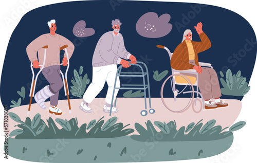 Cartoon vector illustration of Disabled handicap people set, Man on crunch, woman in wheelchcair, Oldman elderly man