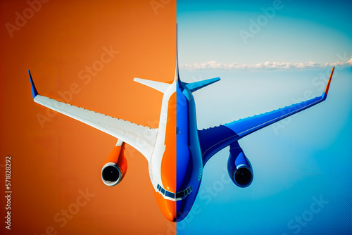 True to the color blue and orange, an airliner pays tribute to the safety and power of air travel. Opt for safety and performance. Generative AI photo