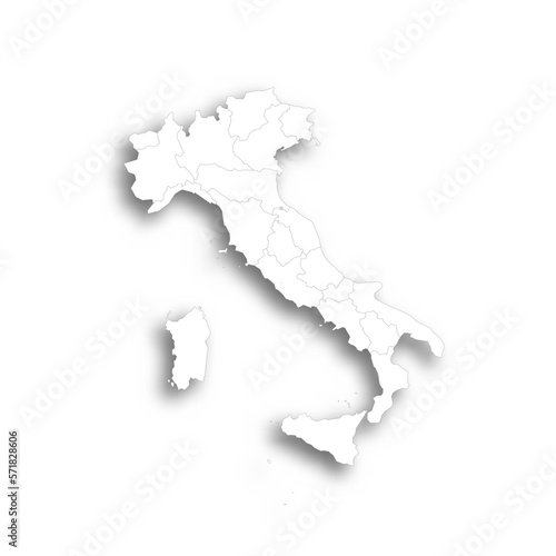 Italy political map of administrative divisions - regions. Flat white blank map with thin black outline and dropped shadow.