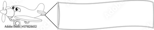 A cartoon aeroplane or airplane banner towing plane character mascot coloring book illustration