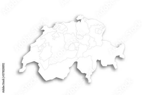 Switzerland political map of administrative divisions - cantons. Flat white blank map with thin black outline and dropped shadow.