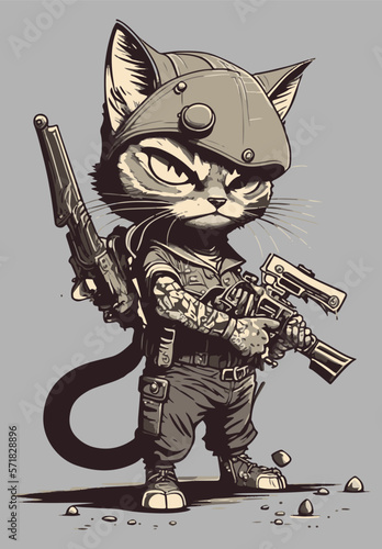 Funny cat with serious face holding gun in paws