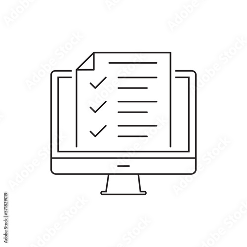 Desktop computer with digital questionnaire flat line icon. Vector thin sign of online test result, education logo. Survey outline illustration